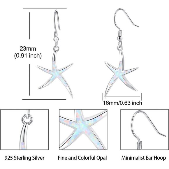 925 Sterling Silver Nautical Hawaiian Sea Beach Starfish Opal Fish Hoops Earings - Picture 2 of 8